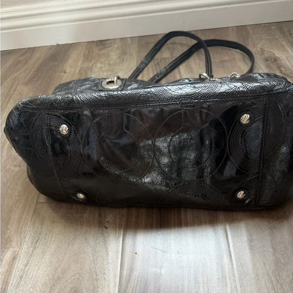 Coach Black Leather Signature-Pattern Tote with Silver Hardware diaper bags